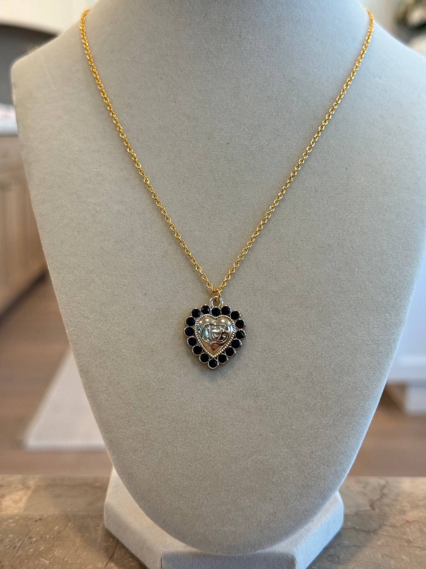 GG Heart Black Rhinestones Gold Necklace