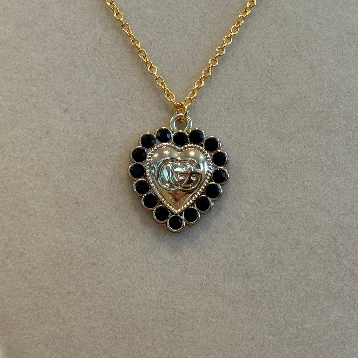 GG Heart Black Rhinestones Gold Necklace